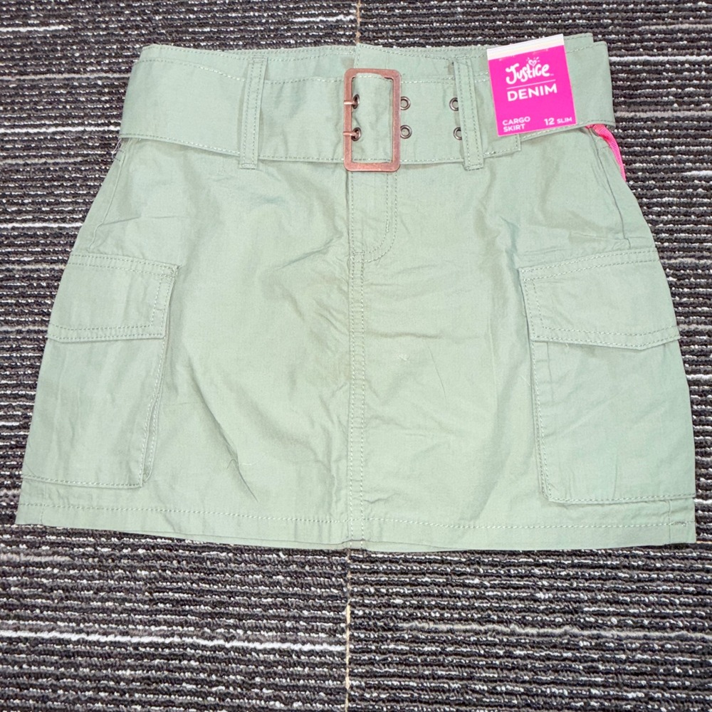 Justice Cargo Skort Girls 12 Slim NWT Sage Green Utility Belted Mini Skirt